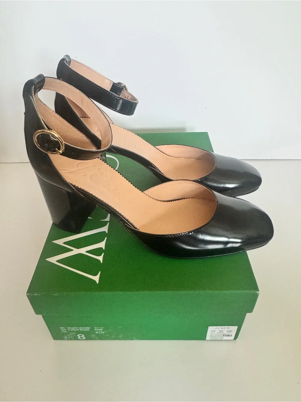 NEW J. Crew Black Patent Leather Ankle-Strap Block Heels with Gold Buckle